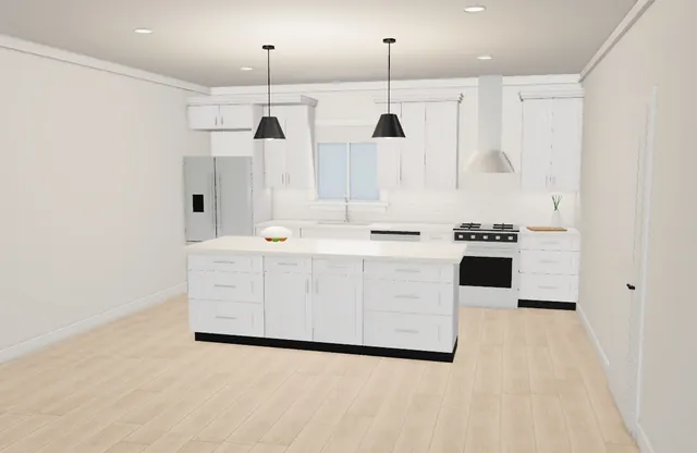 A kitchen in the room visualizer with white shaker cabinets, a subway tile backsplash and a wood-look tile floor