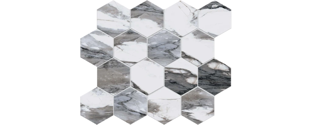 JF-10445 Adagio Gris Polished 3x3 Hexagonal Porcelain Mosaic · 10.25 × 11.75 in. sheet — product material view