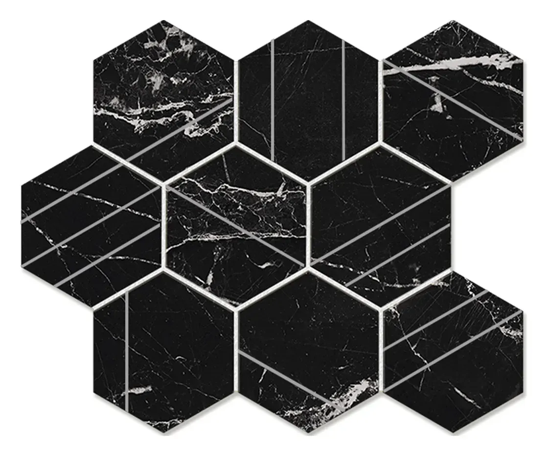 Nero Black 4 in. scored hexagon porcelain mosaic