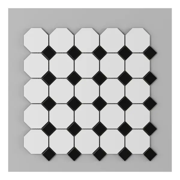 Octagon Mosaic White with Black Dots porcelain octagon-and-dot mosaic sheet