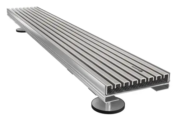 AquaDrain FLEX-PE stainless steel drain grate on adjustable feet