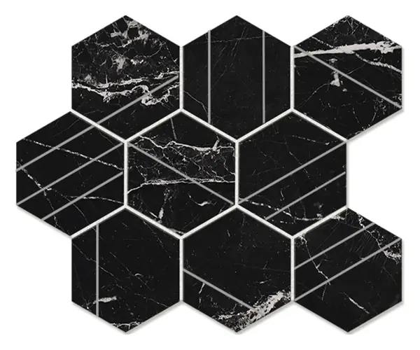 Nero Black 4 in. scored hexagon porcelain mosaic